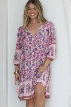 Helda Mini Dress - V-Neck Shift Dress with Balloon Sleeves in Aletta Print Pink>Salty Crush New