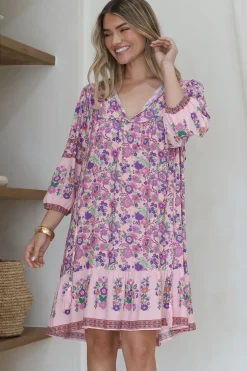 Helda Mini Dress - V-Neck Shift Dress with Balloon Sleeves in Aletta Print Pink><noscript><img width=