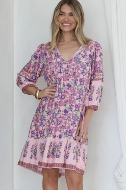 Helda Mini Dress - V-Neck Shift Dress with Balloon Sleeves in Aletta Print Pink><noscript><img width=