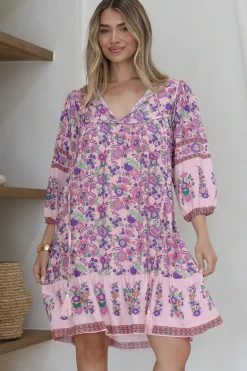 Helda Mini Dress - V-Neck Shift Dress with Balloon Sleeves in Aletta Print Pink><noscript><img width=