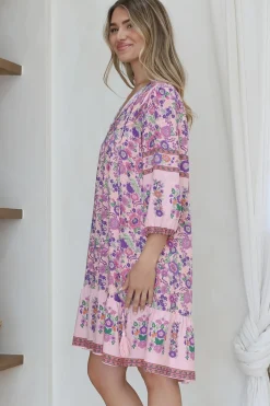 Helda Mini Dress - V-Neck Shift Dress with Balloon Sleeves in Aletta Print Pink><noscript><img width=