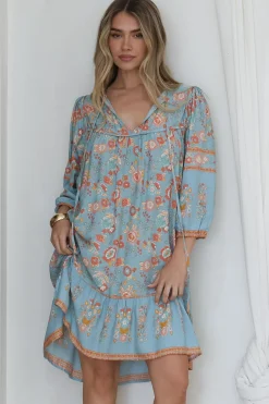 Helda Mini Dress - V-Neck Shift Dress with Balloon Sleeves in Aletta Print Blue>Salty Crush New