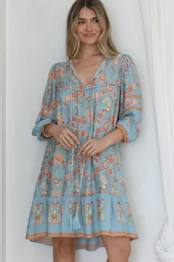 Helda Mini Dress - V-Neck Shift Dress with Balloon Sleeves in Aletta Print Blue><noscript><img width=