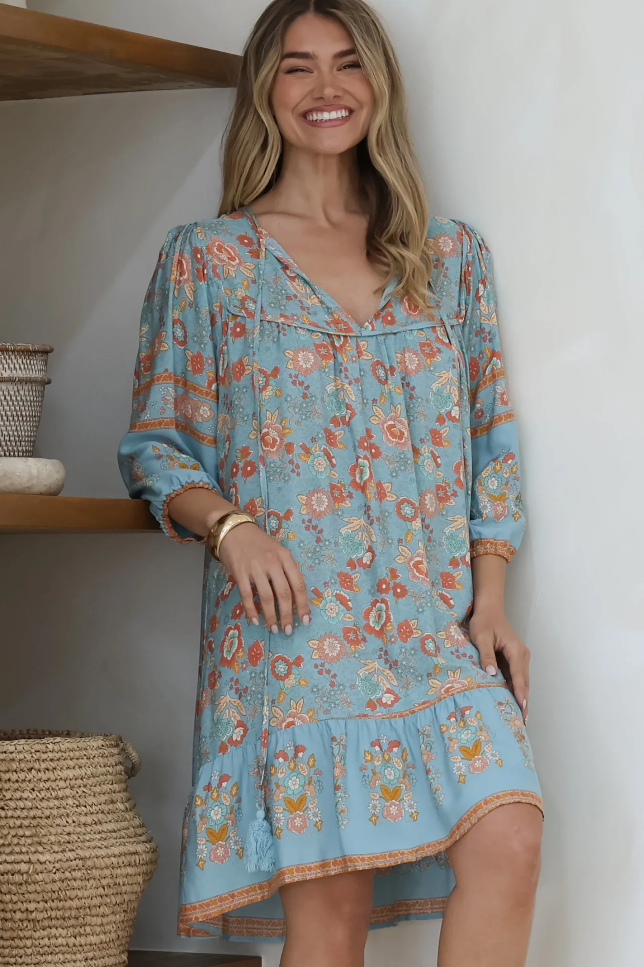 Helda Mini Dress - V-Neck Shift Dress with Balloon Sleeves in Aletta Print Blue>Salty Crush New