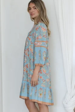 Helda Mini Dress - V-Neck Shift Dress with Balloon Sleeves in Aletta Print Blue><noscript><img width=