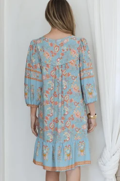 Helda Mini Dress - V-Neck Shift Dress with Balloon Sleeves in Aletta Print Blue><noscript><img width=