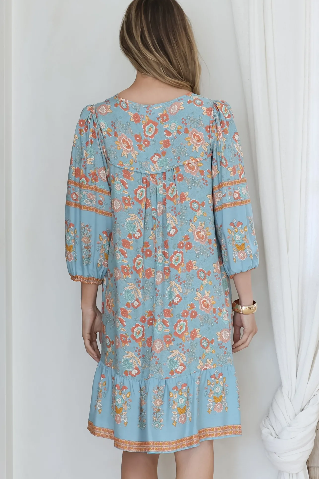 Helda Mini Dress - V-Neck Shift Dress with Balloon Sleeves in Aletta Print Blue>Salty Crush New