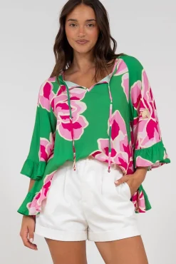 Helia Top - V-Neck Smock Top with Bell Sleeves in Raine Print>Salty Crush Best