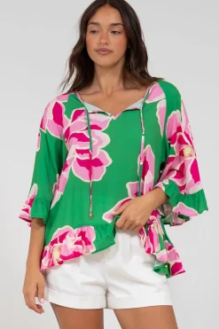 Helia Top - V-Neck Smock Top with Bell Sleeves in Raine Print><noscript><img width=