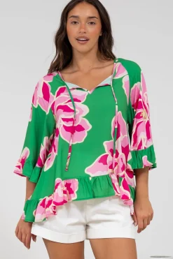 Helia Top - V-Neck Smock Top with Bell Sleeves in Raine Print><noscript><img width=