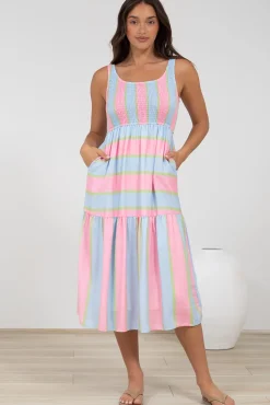 Helio Midi Dress - Elasticated Bodice Tiered Sun Dress in Carnival Stripe Print>Salty Crush Online
