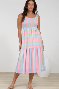 Helio Midi Dress - Elasticated Bodice Tiered Sun Dress in Carnival Stripe Print><noscript><img width=