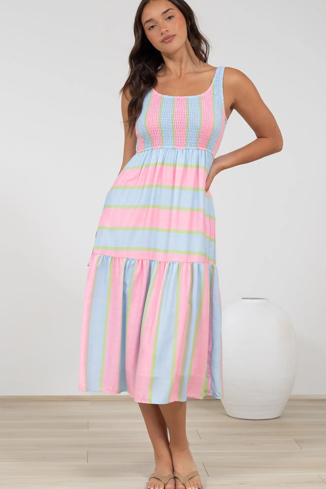 Helio Midi Dress - Elasticated Bodice Tiered Sun Dress in Carnival Stripe Print>Salty Crush Online