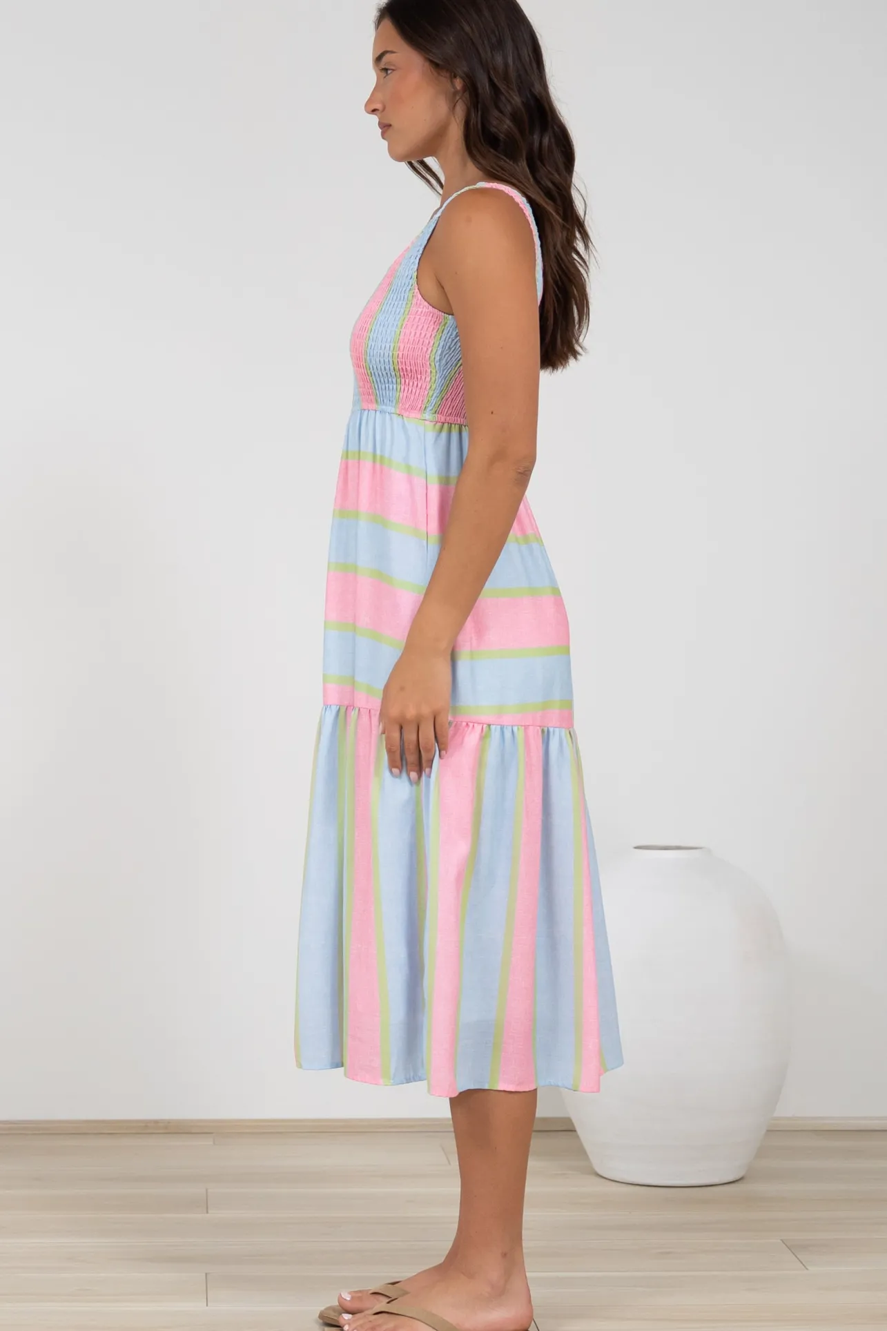 Helio Midi Dress - Elasticated Bodice Tiered Sun Dress in Carnival Stripe Print>Salty Crush Online