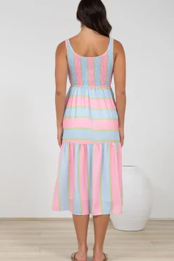 Helio Midi Dress - Elasticated Bodice Tiered Sun Dress in Carnival Stripe Print><noscript><img width=