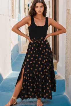 Hellen Maxi Skirt - High Waisted Skirt with Front Splits in Mahony Print>Salty Crush Best