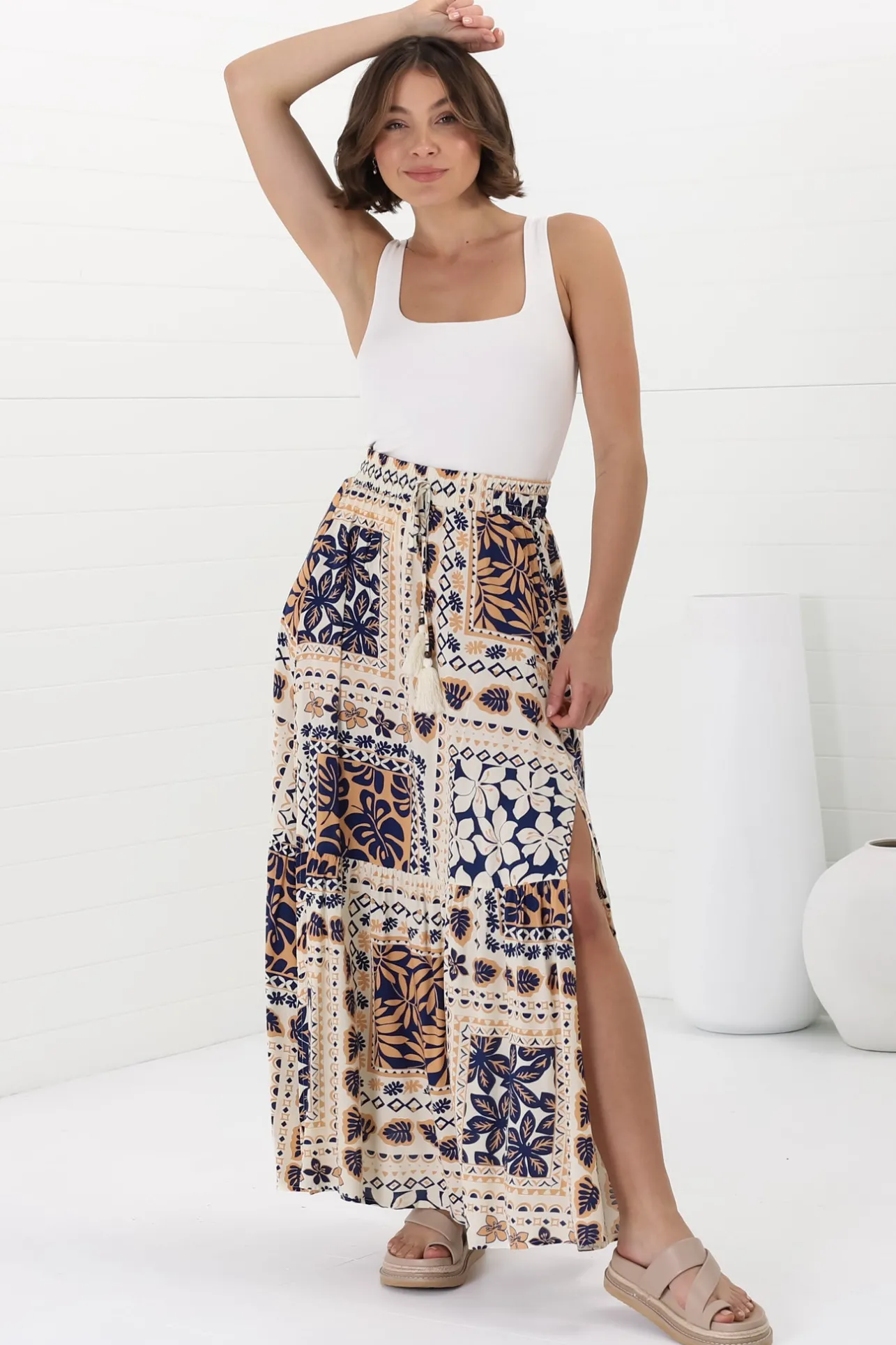 Hellen Maxi Skirt - High Waisted Skirt with Front Splits in Alphy Print>Salty Crush
