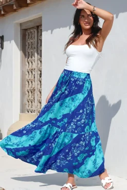 Hellen Maxi Skirt - High Waisted Skirt with Front Splits in Clavelle Print Blue>Salty Crush Best