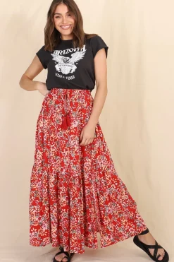 Hellen Maxi Skirt - High Waisted Skirt with Front Splits in Florentina Print Red>Salty Crush Sale