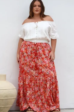 Hellen Maxi Skirt - High Waisted Skirt with Front Splits in Florentina Print Red><noscript><img width=