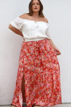 Hellen Maxi Skirt - High Waisted Skirt with Front Splits in Florentina Print Red><noscript><img width=