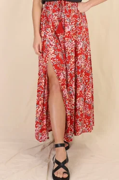 Hellen Maxi Skirt - High Waisted Skirt with Front Splits in Florentina Print Red><noscript><img width=