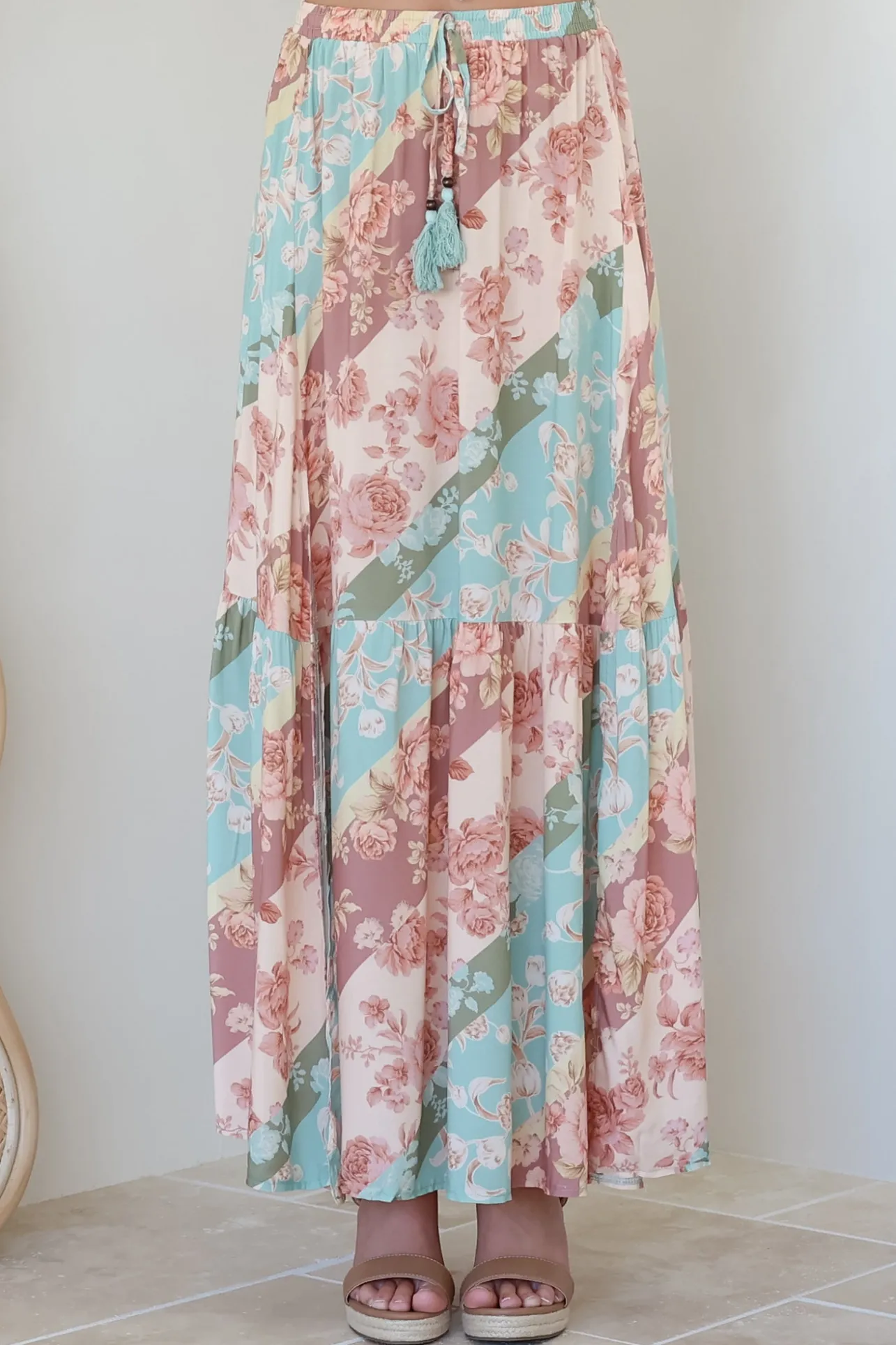 Hellen Maxi Skirt - High Waisted Skirt with Front Splits in Clavelle Print>Salty Crush