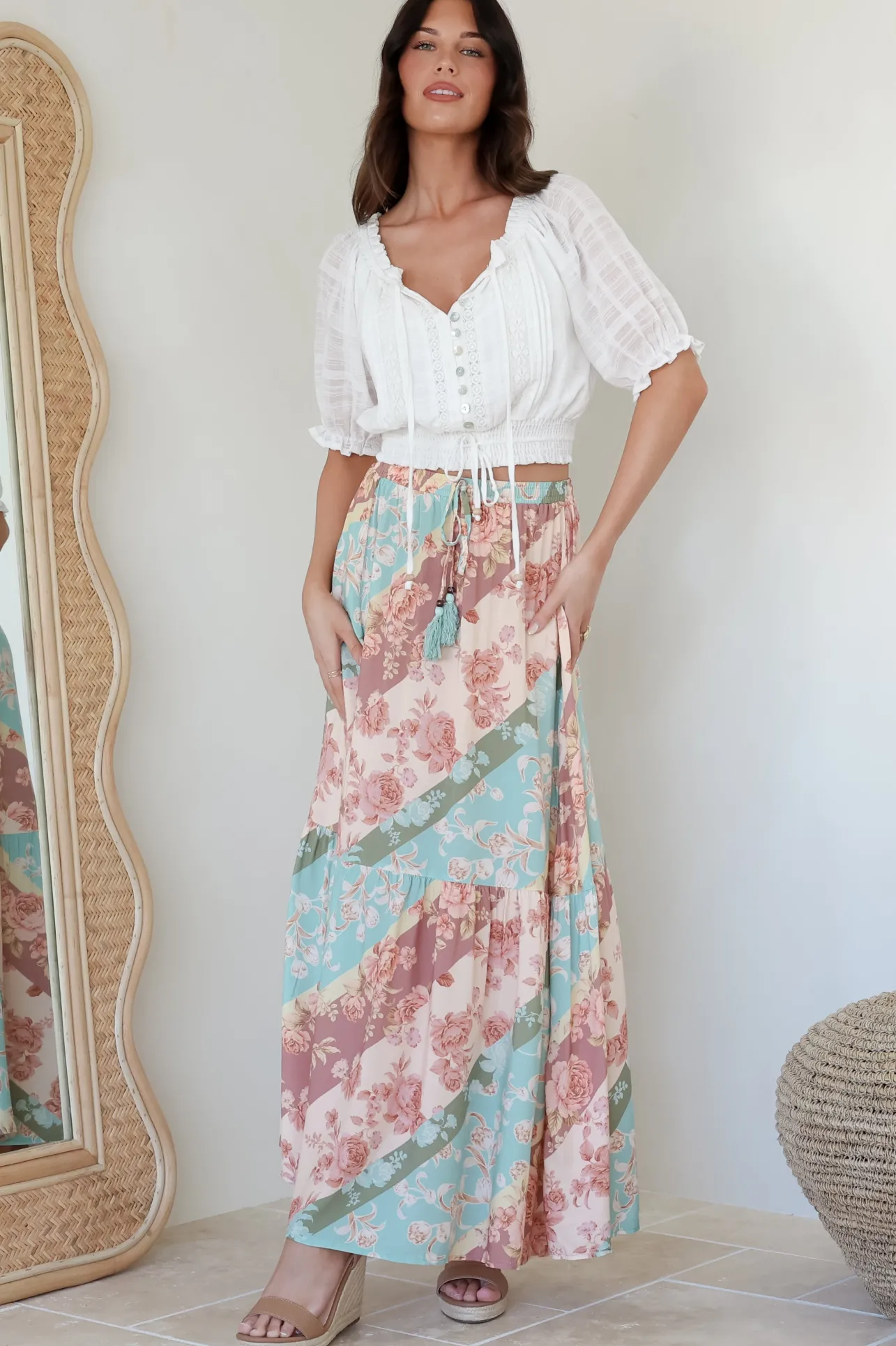 Hellen Maxi Skirt - High Waisted Skirt with Front Splits in Clavelle Print>Salty Crush