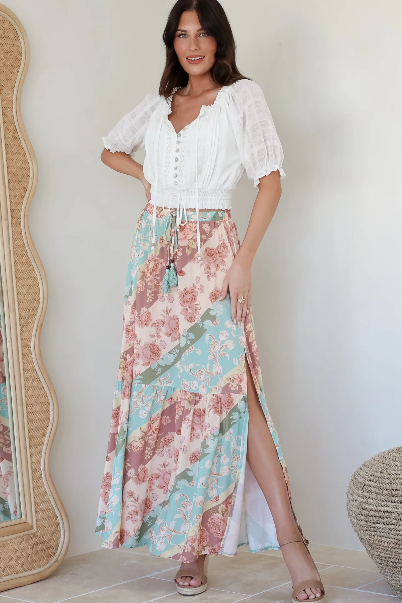 Hellen Maxi Skirt - High Waisted Skirt with Front Splits in Clavelle Print>Salty Crush