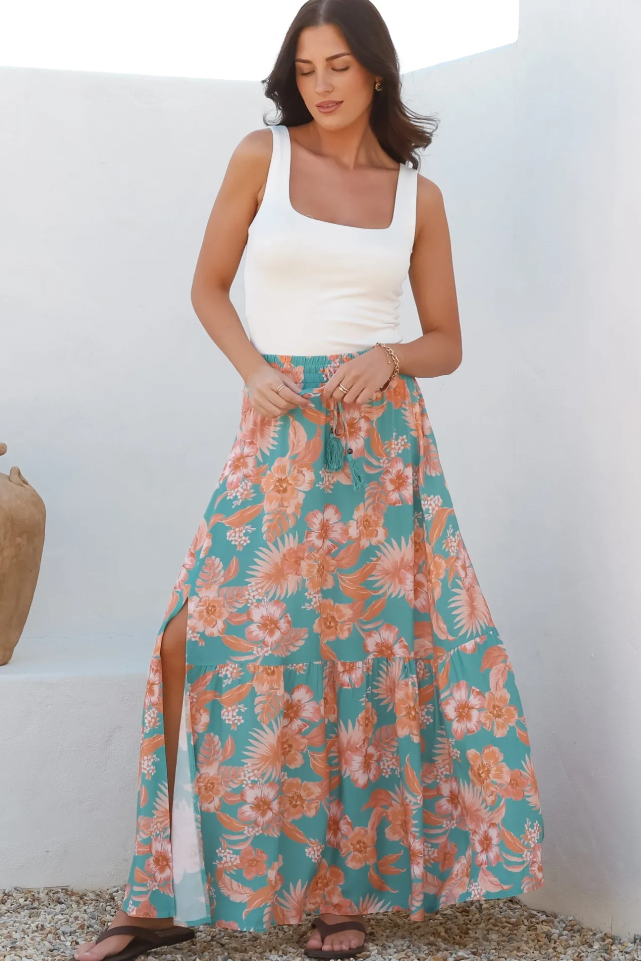 Hellen Maxi Skirt - High Waisted Skirt with Front Splits in Kawani Print Green>Salty Crush Clearance