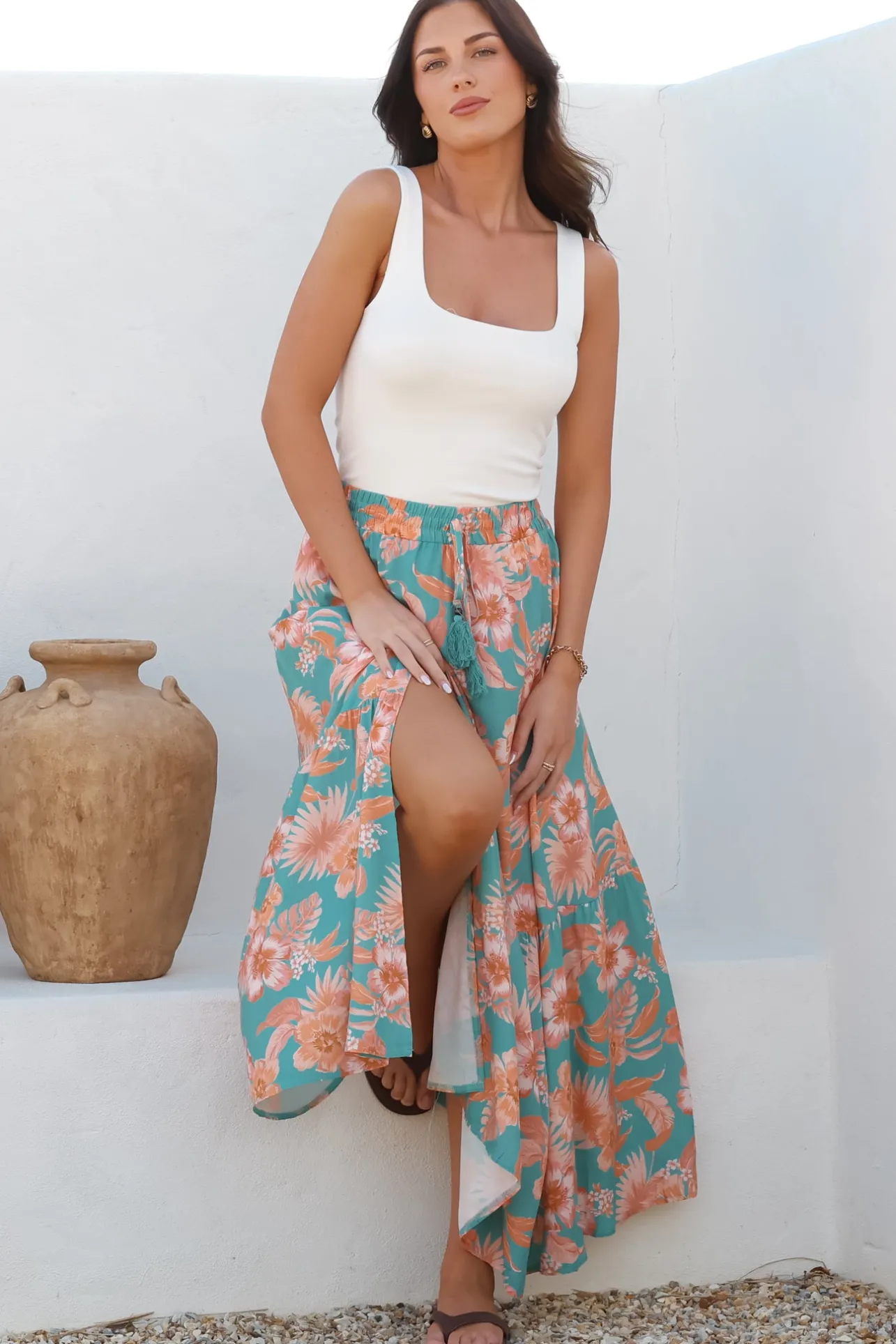 Hellen Maxi Skirt - High Waisted Skirt with Front Splits in Kawani Print Green>Salty Crush Clearance