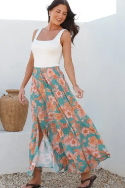 Hellen Maxi Skirt - High Waisted Skirt with Front Splits in Kawani Print Green><noscript><img width=