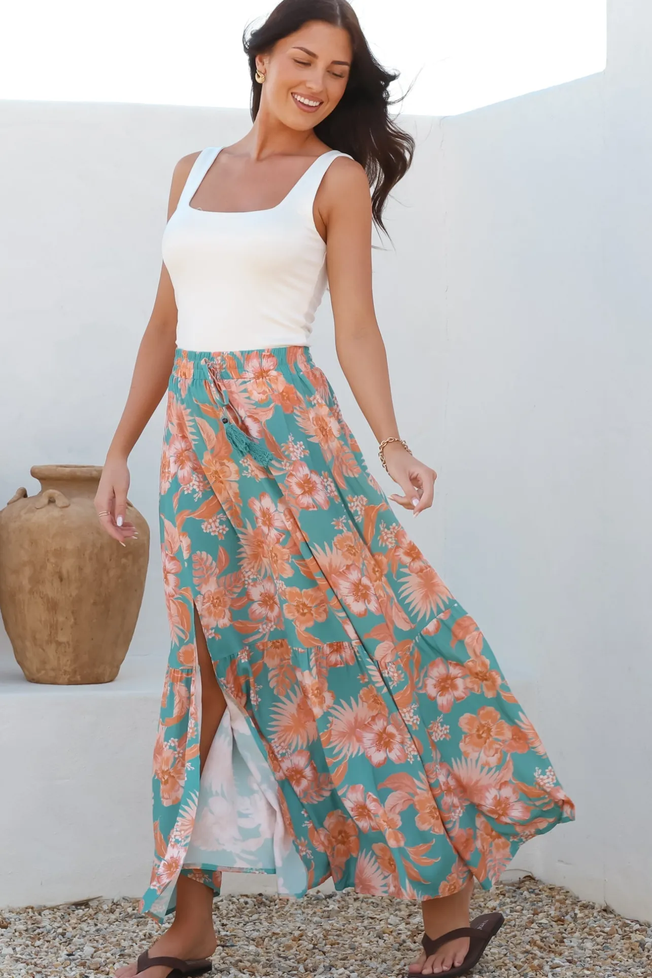 Hellen Maxi Skirt - High Waisted Skirt with Front Splits in Kawani Print Green>Salty Crush Clearance