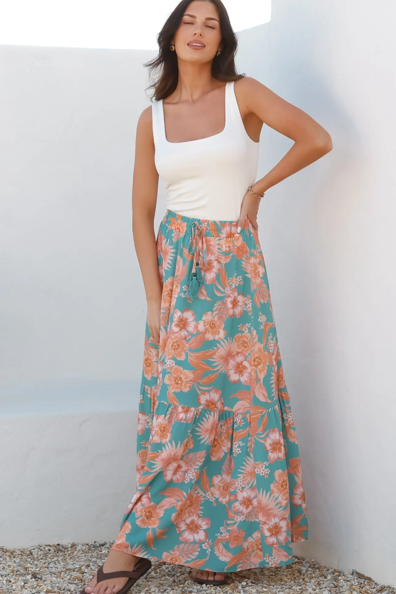 Hellen Maxi Skirt - High Waisted Skirt with Front Splits in Kawani Print Green>Salty Crush Clearance