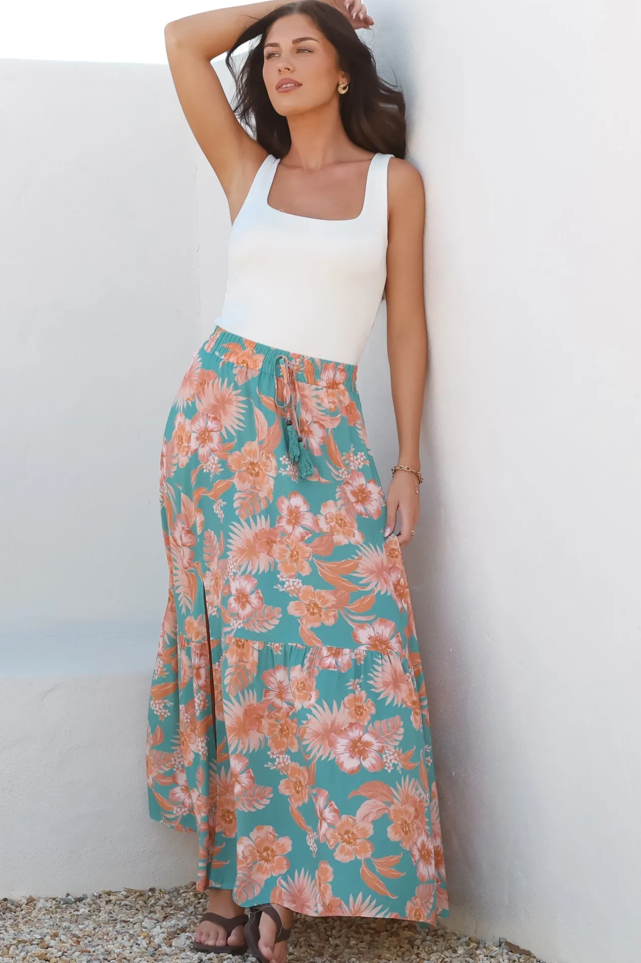 Hellen Maxi Skirt - High Waisted Skirt with Front Splits in Kawani Print Green>Salty Crush Clearance