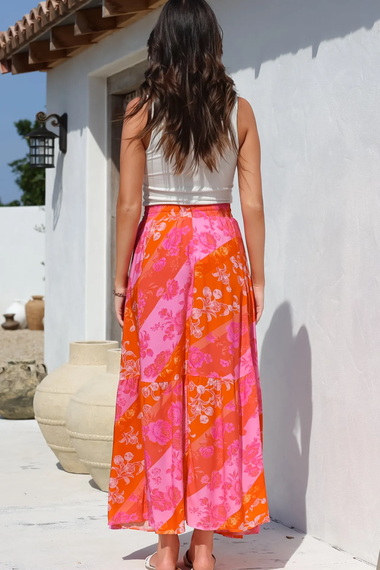Hellen Maxi Skirt - High Waisted Skirt with Front Splits in Clavelle Print Pink>Salty Crush Outlet