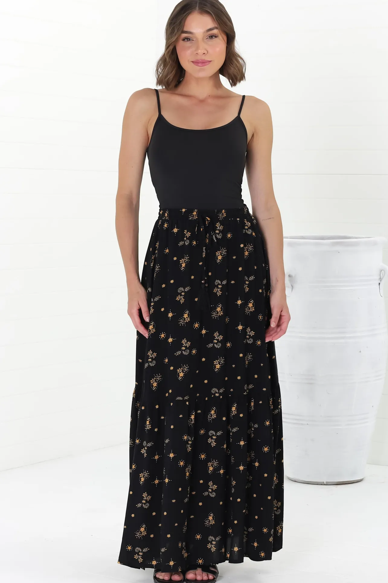 Hellen Maxi Skirt - High Waisted Skirt with Front Splits in Melany Print Black>Salty Crush Hot