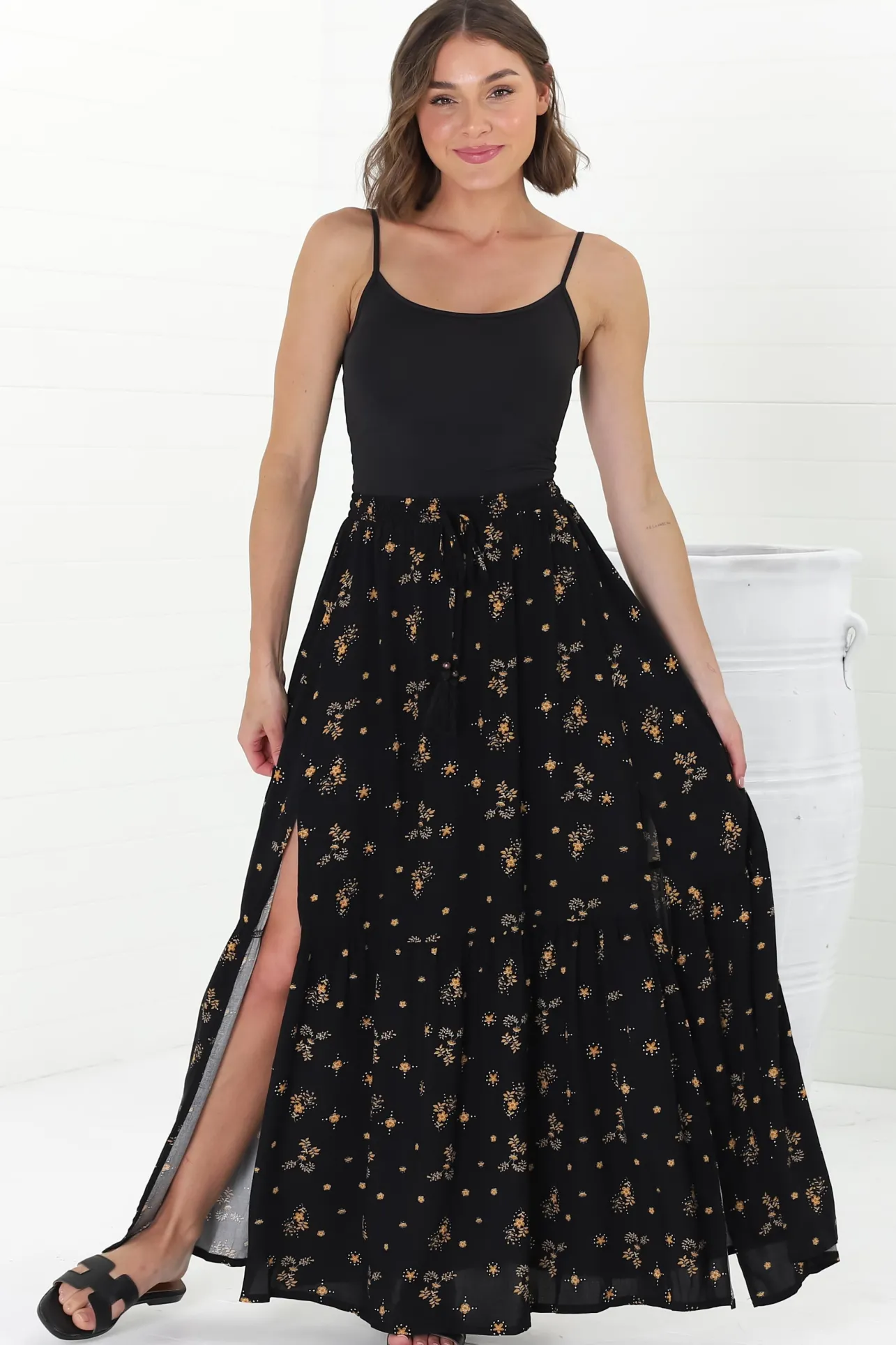 Hellen Maxi Skirt - High Waisted Skirt with Front Splits in Melany Print Black>Salty Crush Hot