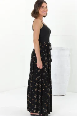 Hellen Maxi Skirt - High Waisted Skirt with Front Splits in Melany Print Black><noscript><img width=