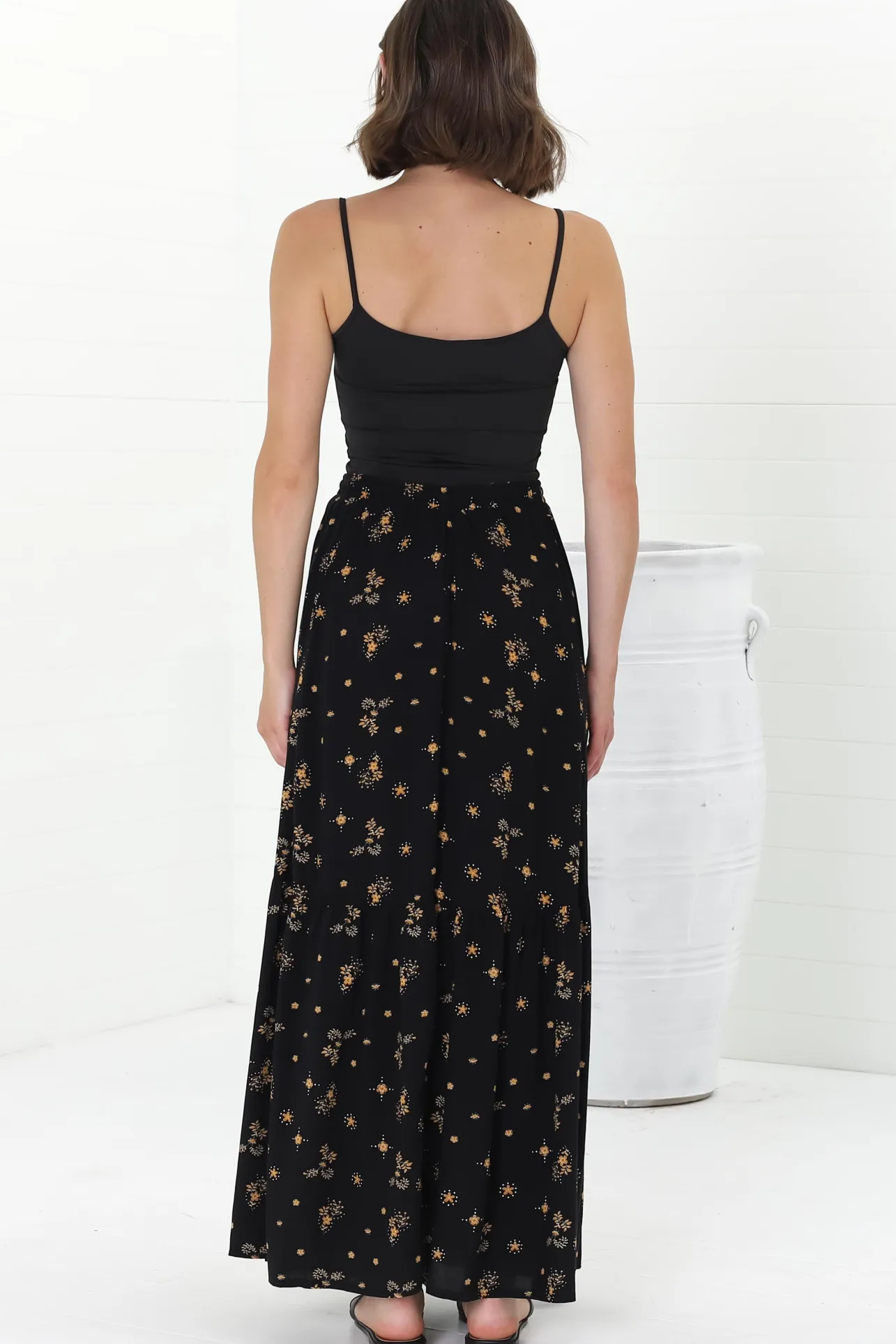 Hellen Maxi Skirt - High Waisted Skirt with Front Splits in Melany Print Black>Salty Crush Hot
