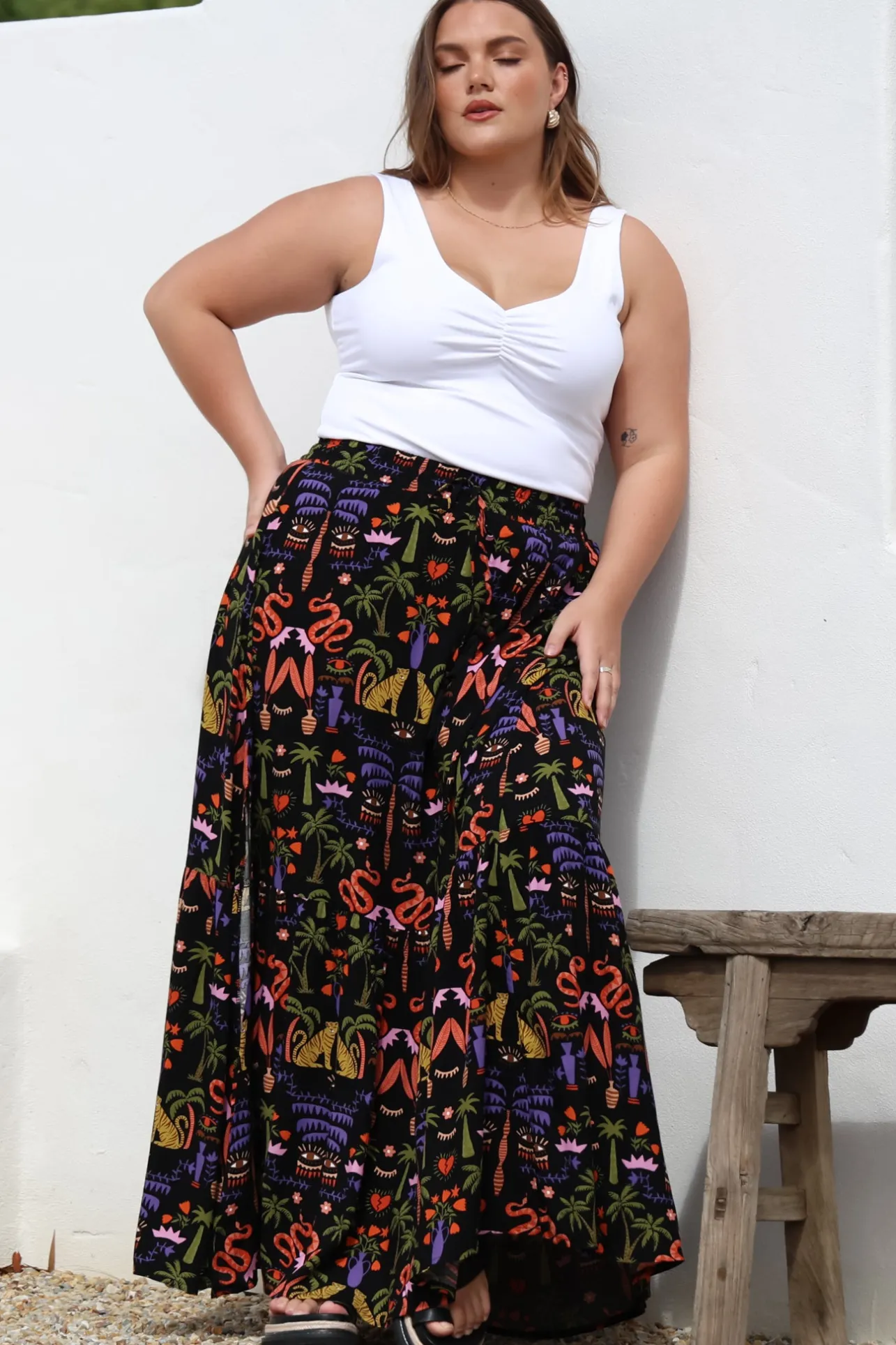 Hellen Maxi Skirt - High Waisted Skirt with Front Splits in Ayla Print Black>Salty Crush Best