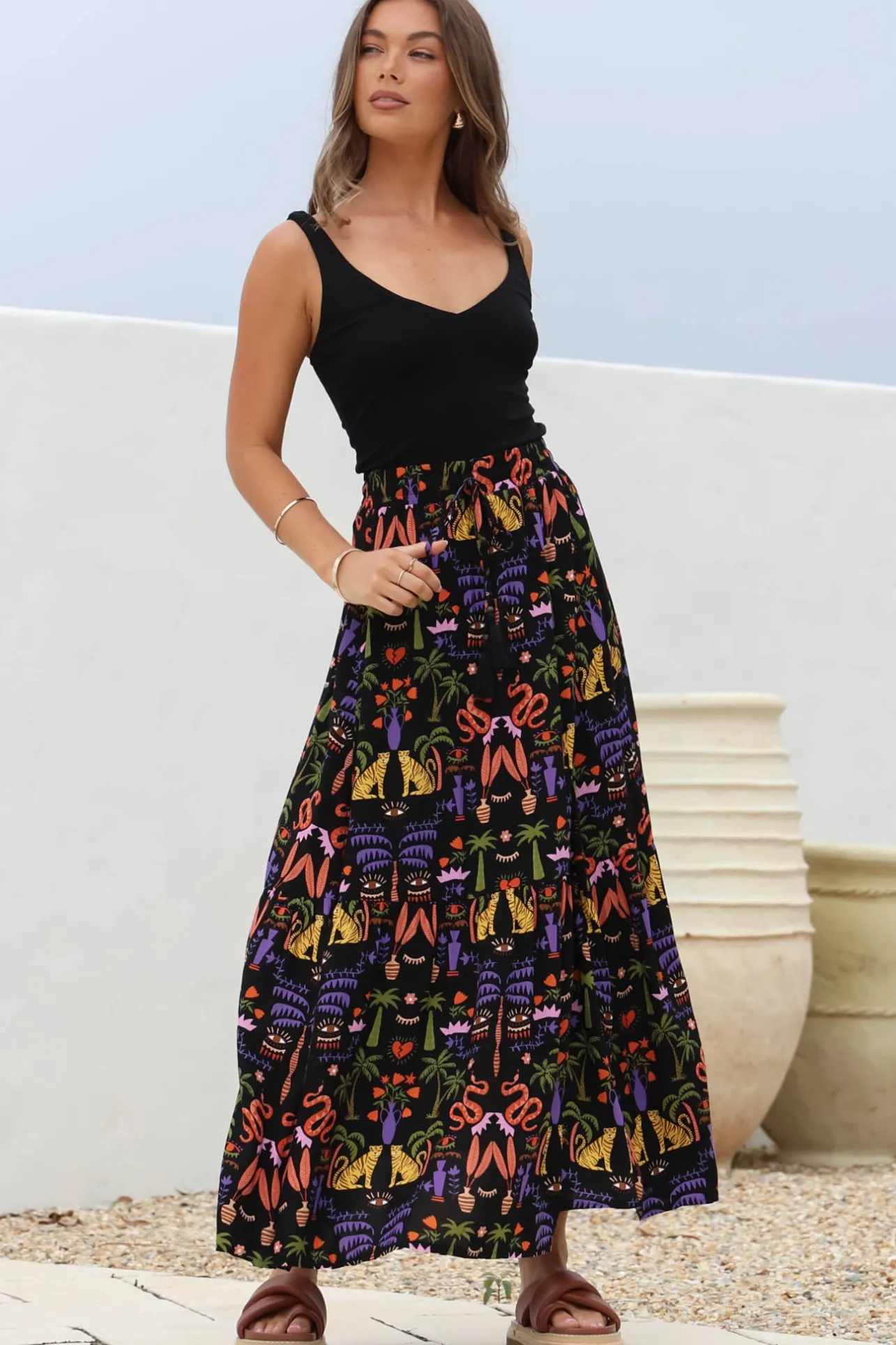 Hellen Maxi Skirt - High Waisted Skirt with Front Splits in Ayla Print Black>Salty Crush Best