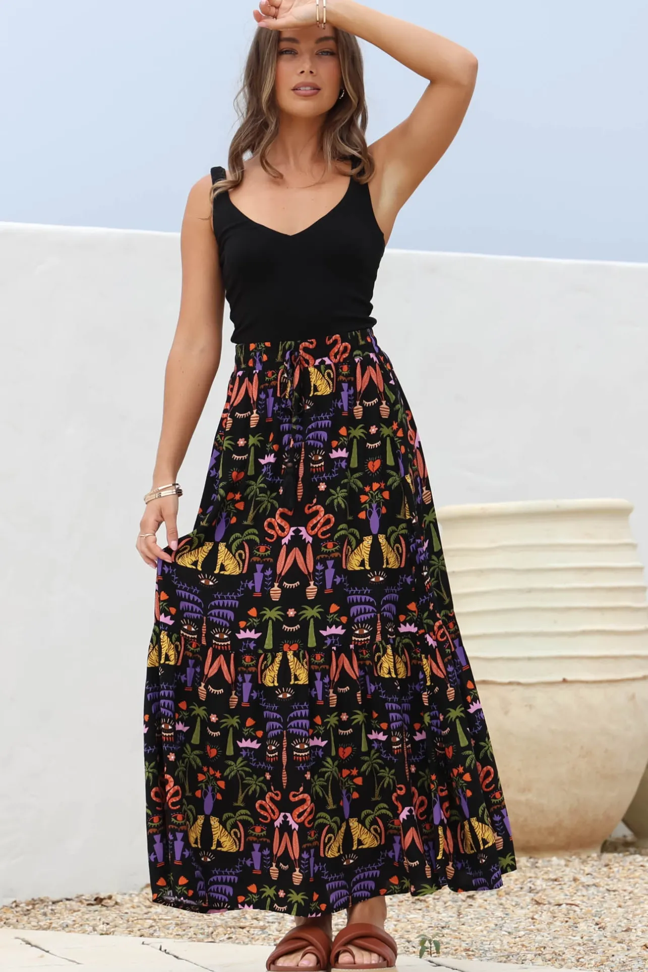 Hellen Maxi Skirt - High Waisted Skirt with Front Splits in Ayla Print Black>Salty Crush Best
