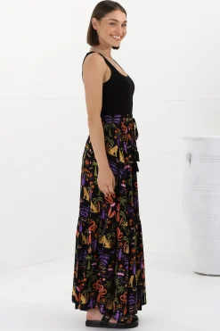 Hellen Maxi Skirt - High Waisted Skirt with Front Splits in Ayla Print Black><noscript><img width=