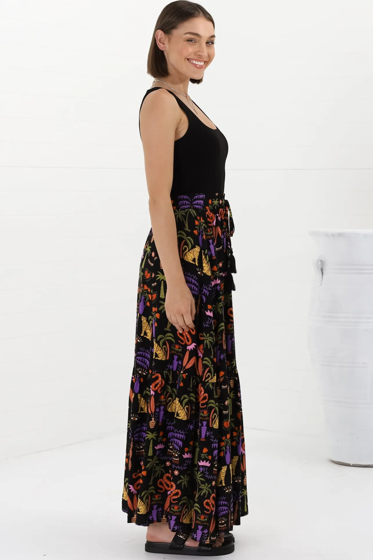 Hellen Maxi Skirt - High Waisted Skirt with Front Splits in Ayla Print Black>Salty Crush Best