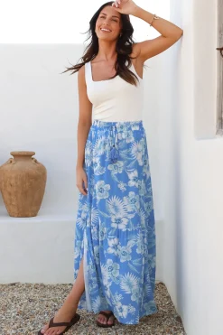 Hellen Maxi Skirt - High Waisted Skirt with Front Splits in Kawani Print Blue><noscript><img width=
