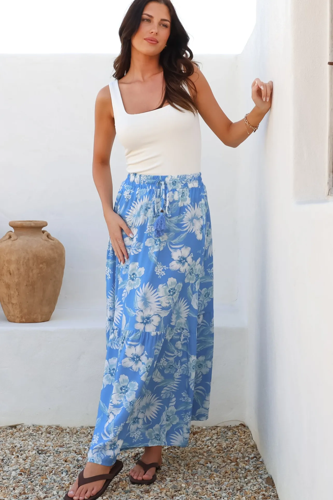 Hellen Maxi Skirt - High Waisted Skirt with Front Splits in Kawani Print Blue>Salty Crush Clearance