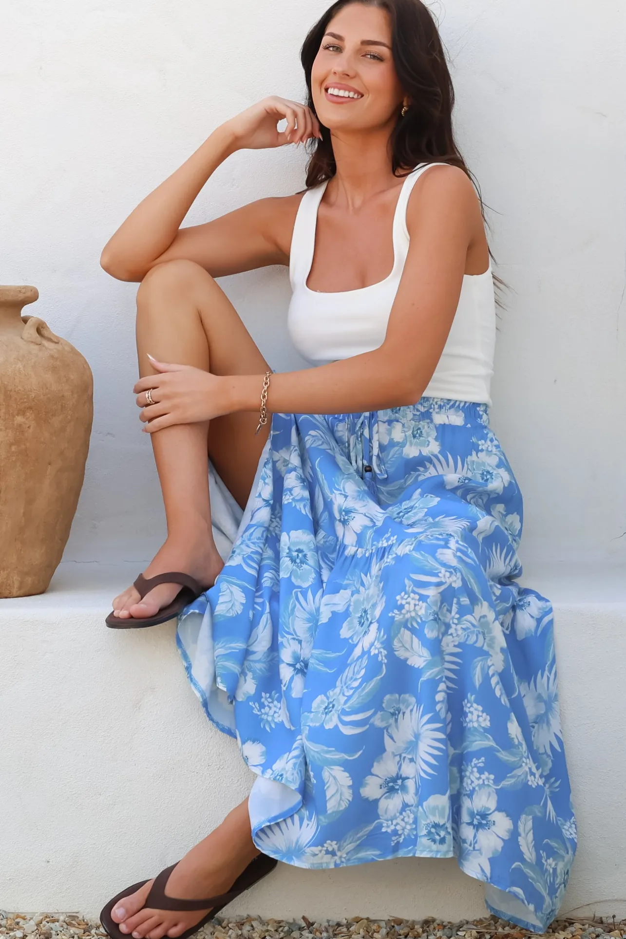 Hellen Maxi Skirt - High Waisted Skirt with Front Splits in Kawani Print Blue>Salty Crush Clearance