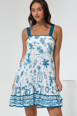 Himari Mini Dress - Tie Up Strap Tiered Sun Dress with Contrast Neckline Trim in Kiri Print><noscript><img width=