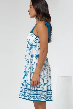Himari Mini Dress - Tie Up Strap Tiered Sun Dress with Contrast Neckline Trim in Kiri Print><noscript><img width=